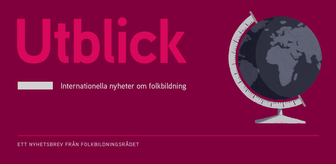 Texten "Utblick - Internationella nyheter om folkbildning" på rosa bakgrund.